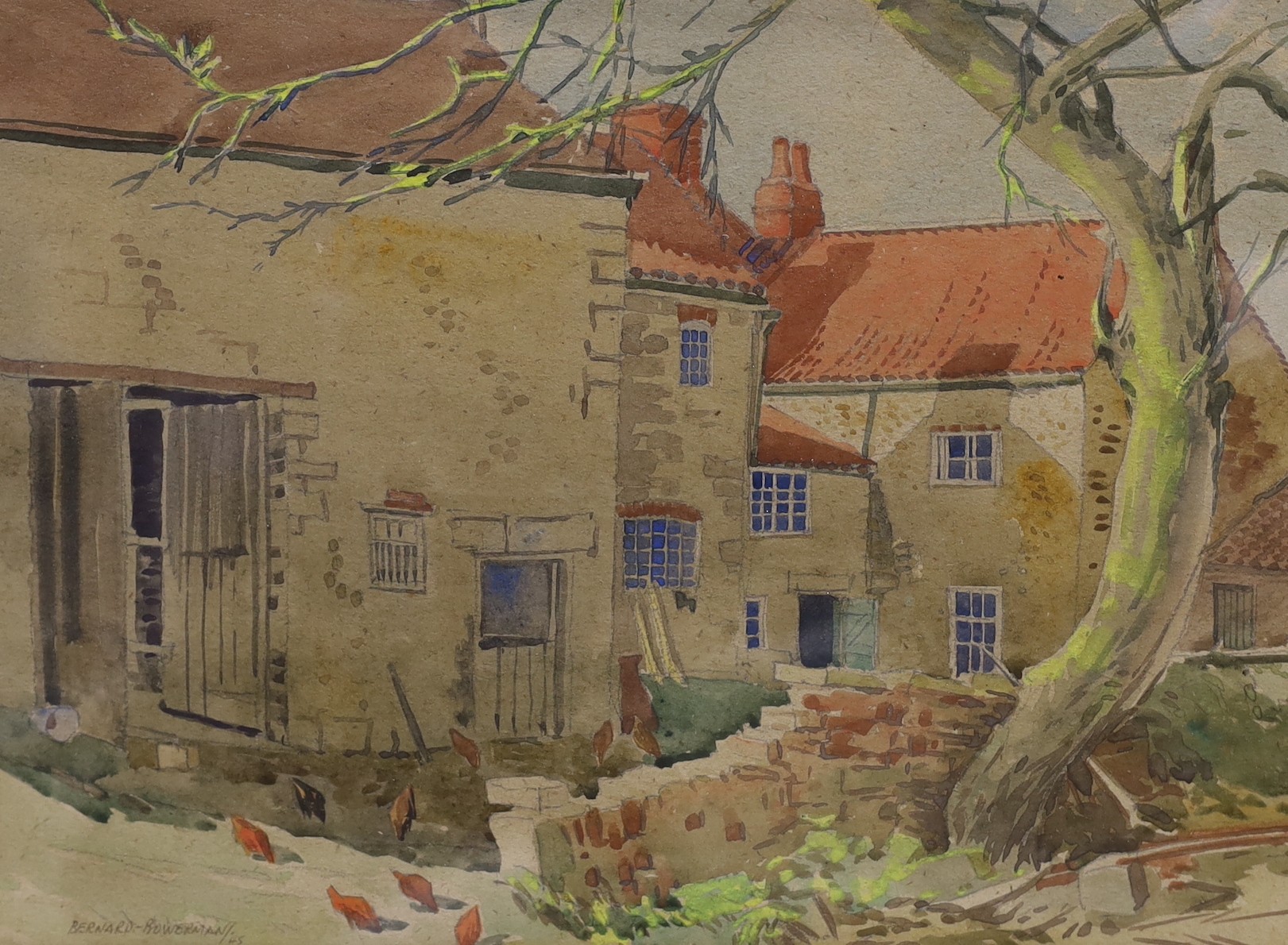 Bernard J.W. Bowerman (b.1911), two watercolours, Barn and Farmhouse at Marketing, Yorks, and Down by the wilderness, Buckhurst Hill, signed with labels verso, 26 x 35cm and 25 x 35cm